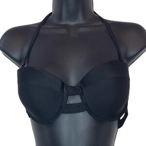 Forever Young Black Bikini Top Large Strappy Back Halter Cutout Minimalist Swim